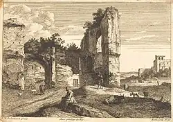 Старая женщина на руинах. По оригиналу К. ван Пуленбурга. Офорт