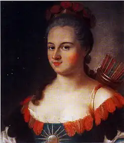 Матрена Герасимовна Теплова (173?—после 1791), урождённая Демешко, сестра матери Алексея и Кирилла Разумовских, супруга тайного советника Г.Н. Теплова (1716 или 1717 — 1779). Аллегория Америки.