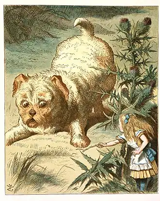 Алиса встречает щенка.Иллюстрация Джона Тенниела