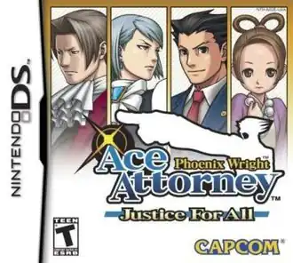 Европейская обложка игры Phoenix Wright: Ace Attorney – Justice for All, изображающая некоторых персонажей:  Майлза Эджворта, Франциску фон Карму, Феникса Райта и Перл Фей.