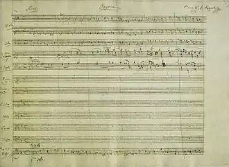 Первая страница партитуры, рукопись Моцарта