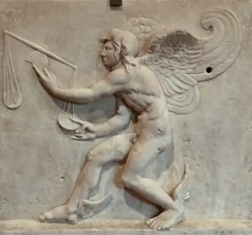 Фрагмент саркофага с изображением Кайроса (160—180 н.&nbsp;э., римская копия-рельеф статуи Лисиппа, Археологический музей Турина)