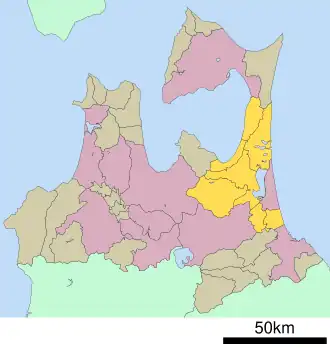Расположение уезда Камикита (жёлтый цвет) в префектуре Аомори.