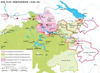 Восточная Швейцария в середине XV века:
Территории имперского города Цюриха (штриховкой показано графство Кибург)
Территории Восьми старых из Швейцарской конфедерации
Союзники Швейцарской конфедерации
Земли Тоггенбургов в 1436 году
Границы современной Швейцарии