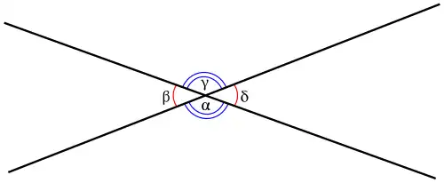 Вертикальные углы. Две пары углов (
  
    
      
        α
      
    
    {\displaystyle \alpha }
  
 и 
  
    
      
        γ
        ,
      
    
    {\displaystyle \gamma ,}
  
 
  
    
      
        β
      
    
    {\displaystyle \beta }
  
 и 
  
    
      
        δ
      
    
    {\displaystyle \delta }
  
) попарно равны