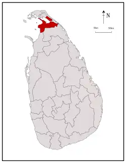 Area map of Kilinochchi District, along the northern coast of the mainland and south of the Jaffna peninsula, in the Northern Province of Sri Lanka