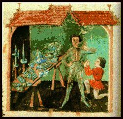 Облачение рыцаря в его латы. Миниатюра рукописи XV века.