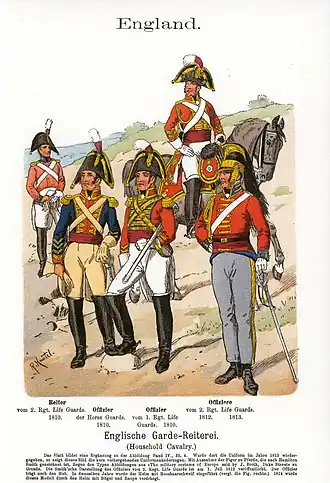 Британские тяжёлые драгуны носили в Магилье красную куртку и черную двууголку, и выглядели похоже на солдата слева. Шлем был принят только в 1813 году.