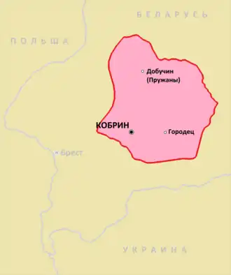 Кобринское княжество на начало XVI века, серым обозначены границы современных государств