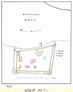 Воскресенский собор с колокольней и тёплой Благовещенской церковью на плане Кольского острога XVIII в.