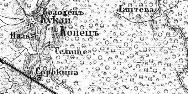 Деревня Сорокино на карте 1915 года