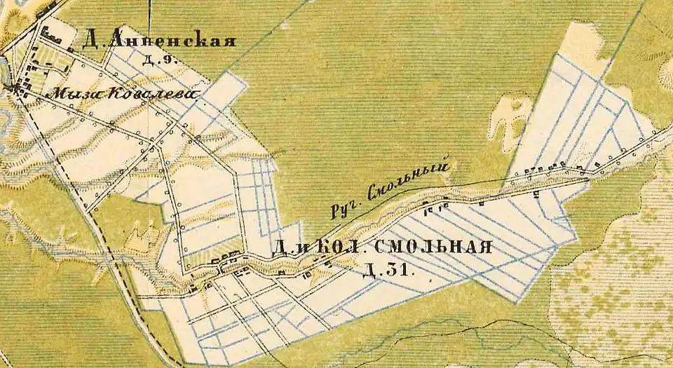 Деревня Анненская, мыза Ковалёво, деревня и колония Смольная на карте 1885 года
