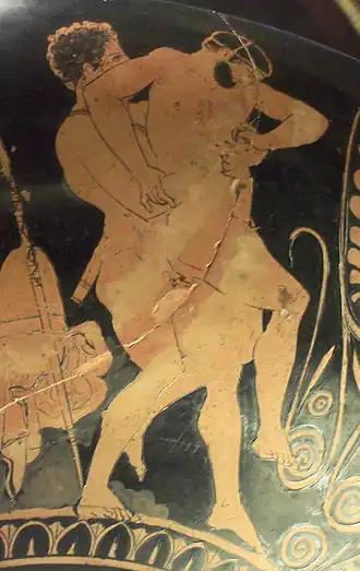 Деяния Тесея, правый фрагмент&nbsp;— борьба с Керкионом, ок. 420—410&nbsp;гг. до&nbsp;н.&nbsp;э.