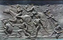 Сирма Воевода (слева на коне) на барельефе, Скопье