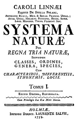 Титульный лист десятого издания Systema Naturae (1758)