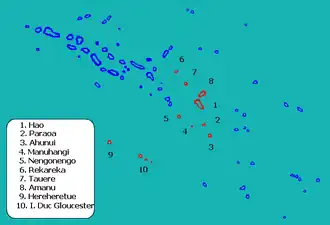 Расположение островов в архипелаге Туамоту.