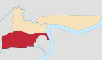 Местоположение Шанхайского международного сеттльмента (жёлтый), французской концессии (красный) и китайской зоны (серый)