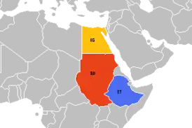 Египет (желтым), Судан (оранжевым) и Эфиопия (синим)