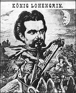Карикатура на Людовика Баварского, в образе месяца — Рихард Вагнер (1885)