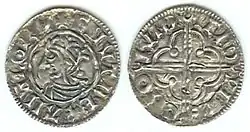 Четырехлистник Кнуда с надписью «CNUT REX ANGLORU[M]» (Кнуд, король английский), отчеканенный в Лондоне монетчиком Эдвином.