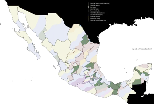 Территории Мексики, контролируемые Лос-Сетас на октябрь 2020 года (выделены зелёным)