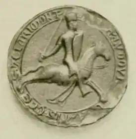 Печать Людовика Блуаского (1201). Топфхельм  с маской с крупными полукруглыми вырезами для обзора на стыке между ней и нижней гранью шлема