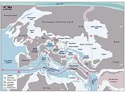 Палеогеография региона Тетис 47 млн лет назад лютетский век, эоцен.