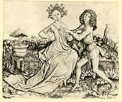 Мастер E. S. Влюбленные на скамейке в саду