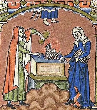 Маной и его жена приносят жертву. Библия Мациевского, 1250