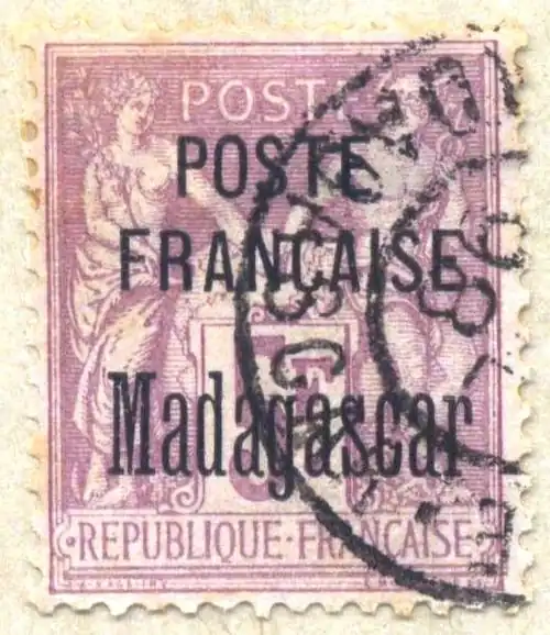 1896: надпечатка «Poste française. Madagascar» («Французская почта. Мадагаскар»), тип «Саж»&nbsp;(Yt #22)