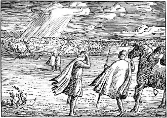 Кальв Арнессон с молодым конунгом Магнусом на поле битвы при Стиклестаде, иллюстрация Хальфдана Эгедиуса к "Саге о Магнусе Добром", Круг Земной