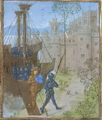 Высадка французских крестоносцев в Африке. Их возглавляет Людовик II Бурбонский в золотых доспехах. Французская миниатюра XV века.