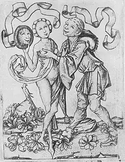 Мастер E. S. Шут и обнажённая девушка с зеркалом. L. 213