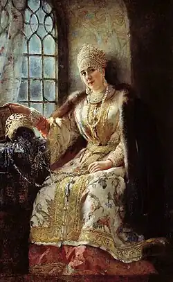 «Боярыни у окна» (портрет Ю.П. Маковской), 1885 г. Омский областной музей изобразительных искусств имени М. А. Врубеля