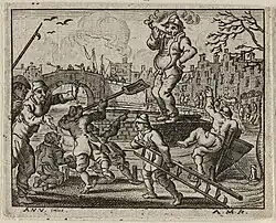 Танцы вокруг капитана на торфяном судне. 1634. Офорт