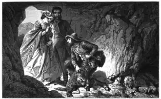 Собачья пещера рядом с Поццуоли, Италия. Гид показывает задохнувшуюся собаку мужчине и женщине&nbsp;— туристам