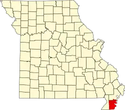 A state map highlighting Pemiscot County in the southeastern corner of the state.