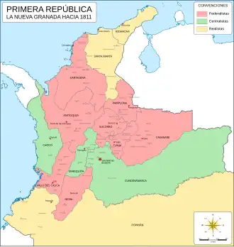 Новая Гранада в 1811 году. Красным цветом выделены провинции-«федералисты», зелёным — «централисты», жёлтым — «роялисты»