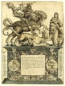 Статуя Вильгельма I в образе Святого Георгия на коне, убивающего дракона. Ок. 1577. Офорт, раскраска от руки. Британский музей, Лондон