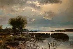 Немецкий пейзаж с озером и рыбачащими детьми.