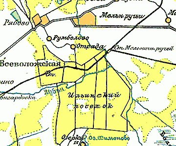 Деревня Мельничный Ручей (Мельн. ручьи) и станция Мельничный Ручей до переноса 1923 года
