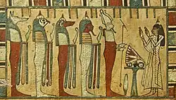 Справа налево: Осирис, Амсет, Хапи, Квебехсенуф и Дуамутеф.