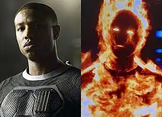 Майкл Б. Джордан в роли Джонни Шторма / Человека-факела в фильме «Фантастическая четвёрка» (2015)