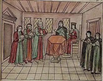 Михаил Борисович Шеин, Даниил Гагарин, Роман Пожарский у Марфы Ивановны Романовой с царскими дарами. Миниатюра XVIII в.