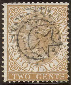 1876: первая марка Джохора. Надпечатка звезды и полумесяца на марке Стрейтс-Сетлментса с портретом королевы Виктории,2 цента&nbsp;(Sc #1)