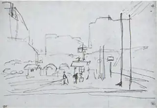 D151. Эскиз для W443: вид за мостом Европы, на заднем плане два входа в туннель Батиньоль, над которым возвышаются здания