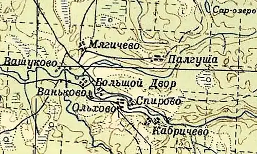 Деревня Мягичево на карте РККА 1940 года