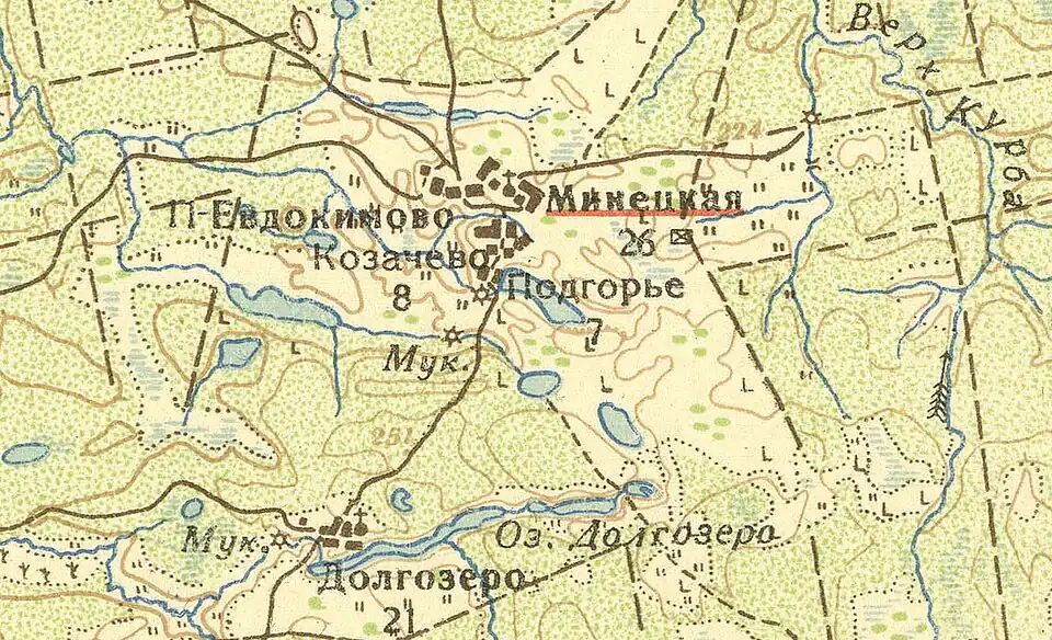 Деревня Долгозеро на карте 1932 года