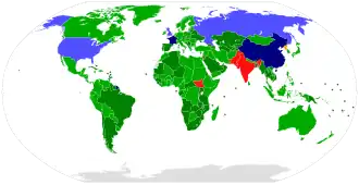 Участники Договора о нераспространении ядерного оружия
Признанные ядерные державы, ратифицировавшие договор
Другие страны, ратифицировавшие договор
Вышедшая из договора страна (КНДР)
Частично признанное государство, соблюдающее договор (Китайская Республика)
Признанные ядерные державы, присоединившиеся к договору
Другие страны, присоединившиеся к договору, или преемники
Не подписавшие договор страны (Индия, Израиль, Пакистан, Южный Судан)