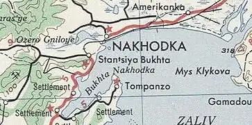 Посёлок Томпанзо и селение у мыса Линдгольма на карте (1947)